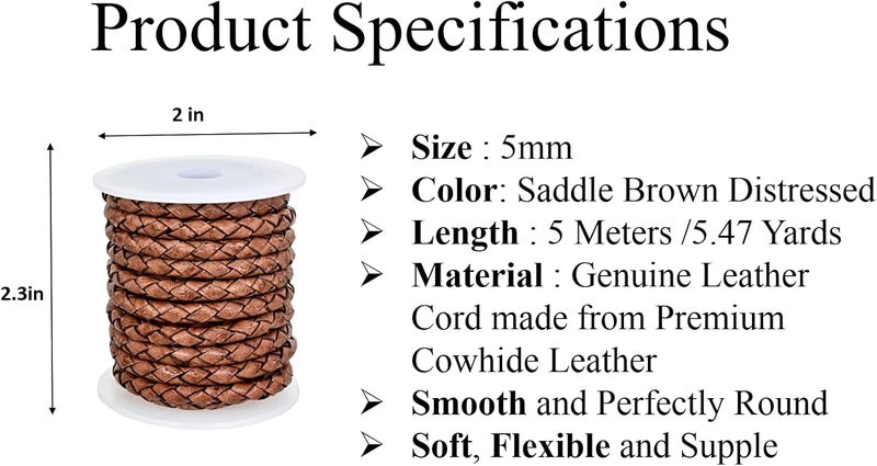 GENIQUE Real/Genuine Round Braided Leather Cord String Rope Folded, Leather Rope for Crafts, Jewelry Making, Necklace, Bracelet (5 Metres) (5mm, Saddle Brown Distressed) - Image 2